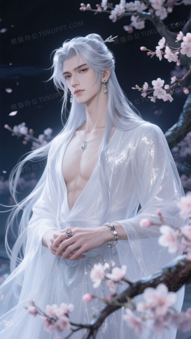 黑夜一个男人蓬松的银色长发(发型是披肩发)