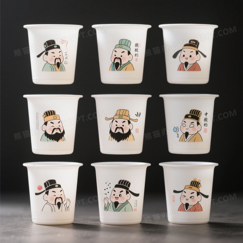 酸奶杯设计描绘了中国现代水墨风格的宋代大胡子官员
