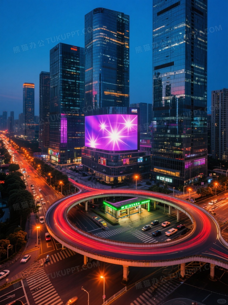 主题描述摩天大楼群玻璃幕墙折射霓虹光彩