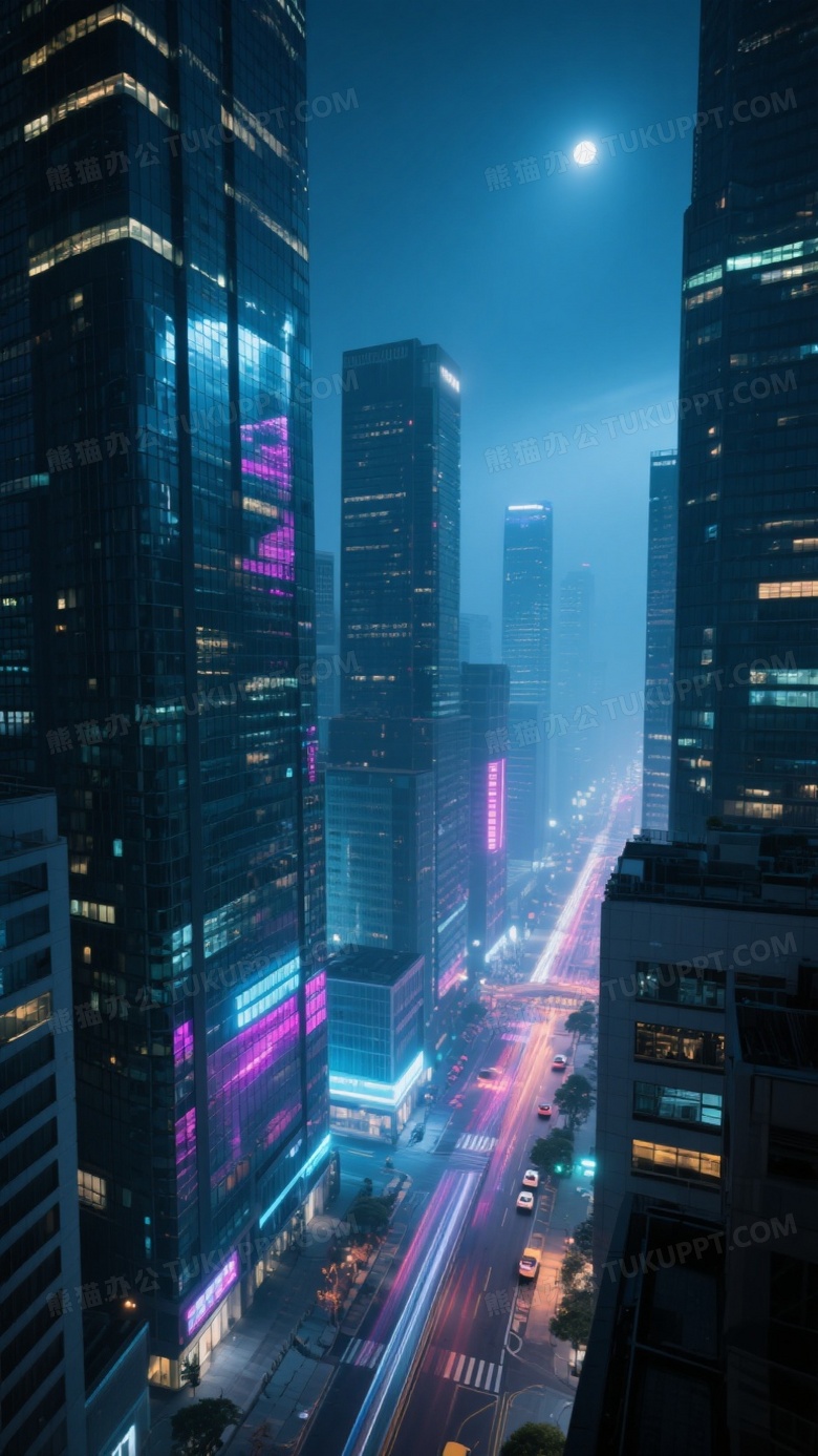 主题描述现代城市摩天楼群夜景