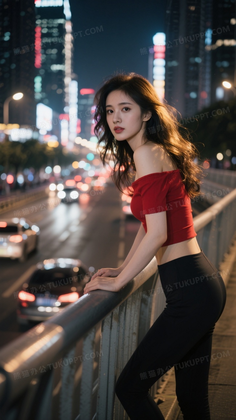 真实摄影在繁华都市的人行天桥上