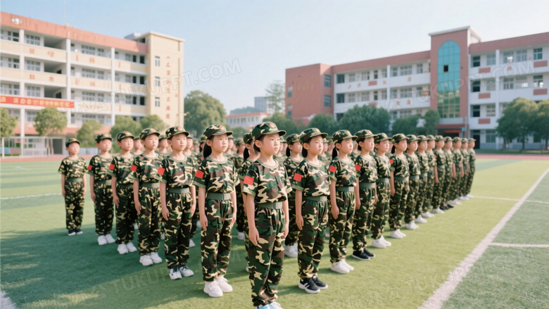 操场军训场景孩子们穿迷彩服