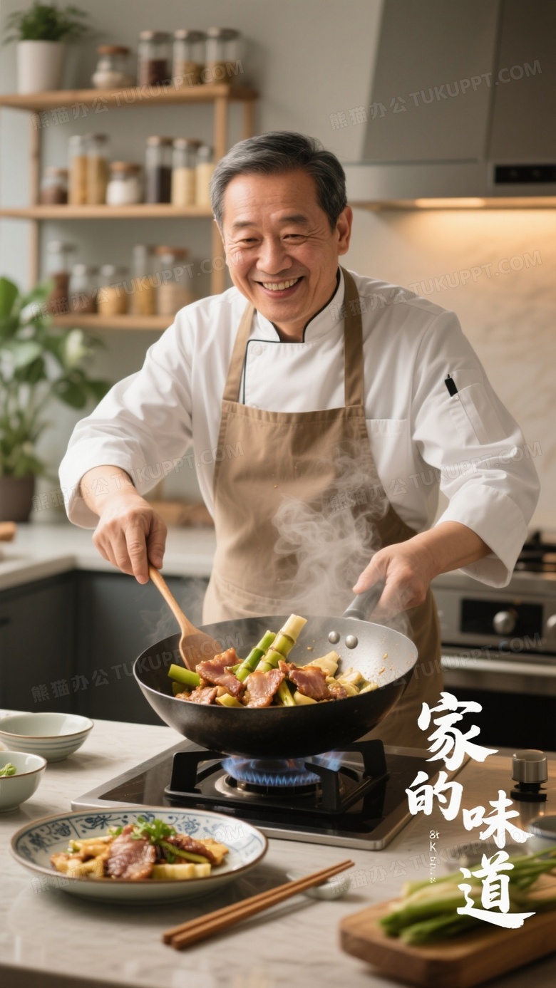 中年厨师在现代化厨房制作竹笋炒肉的高清摄影