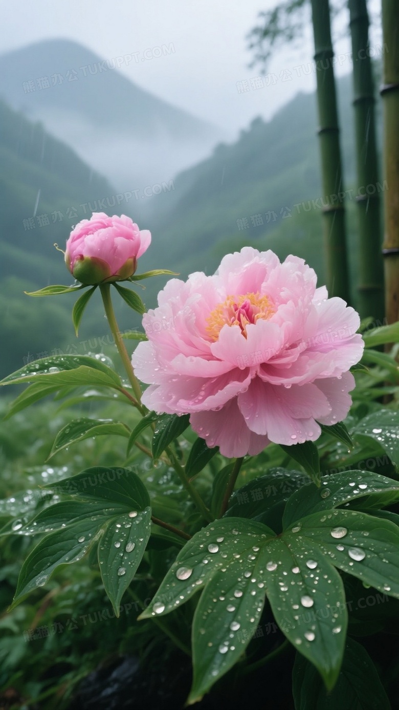 远景薄雾笼罩下的山峦