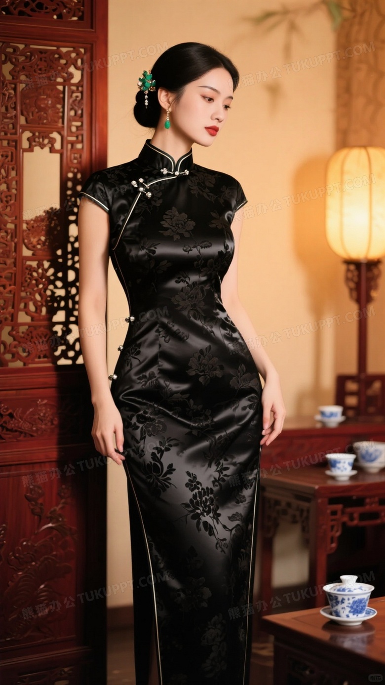 主题描述曲线丰盈的亚洲女性穿着黑色提花绸缎旗袍站立在暖色调室内