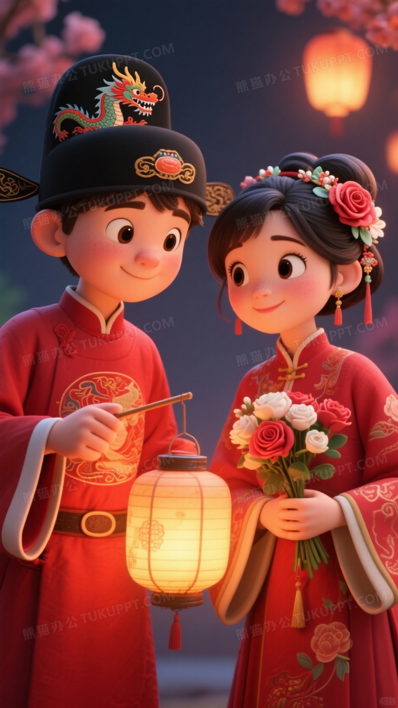 一对穿着传统红色服装的可爱夫妇拿着灯笼和鲜花