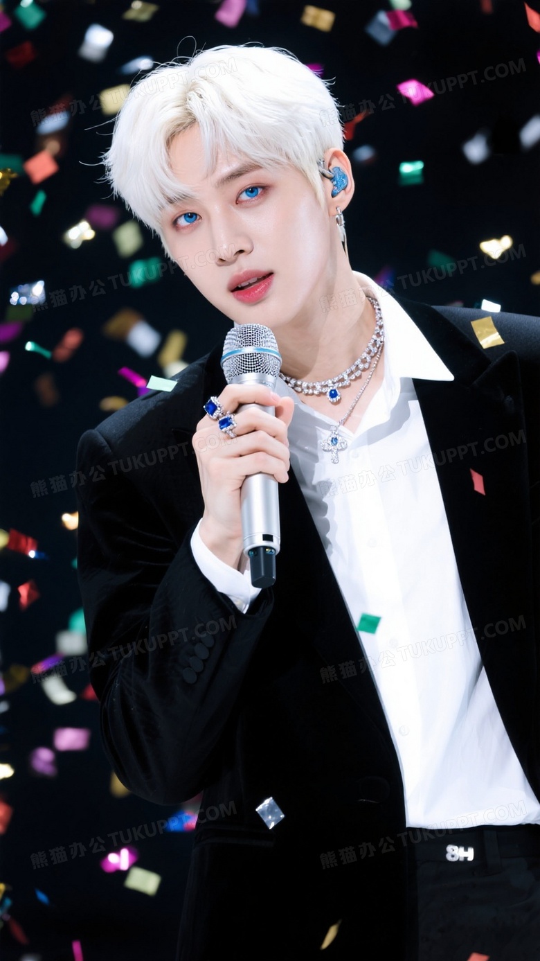 英俊的年轻人白发穿着黑色西装