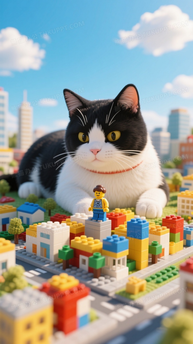 移轴摄影一只巨大的可爱的黑白猫咪趴在一个迷你的小城市里