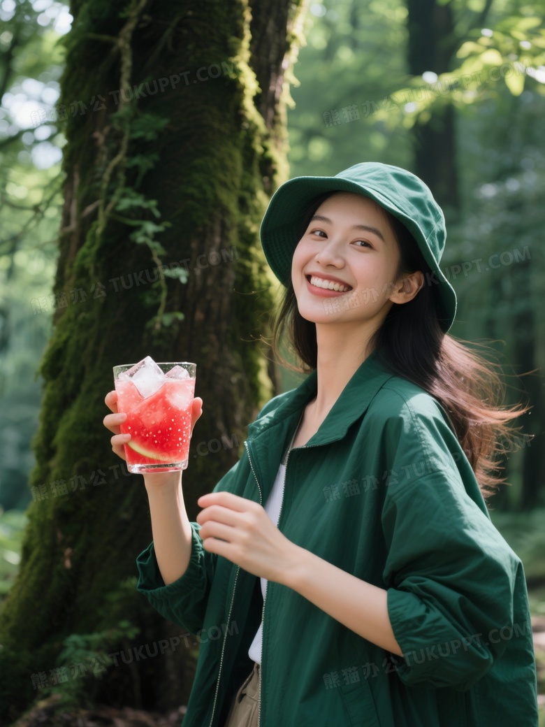 一位时尚女模特站在森林的参天大树下