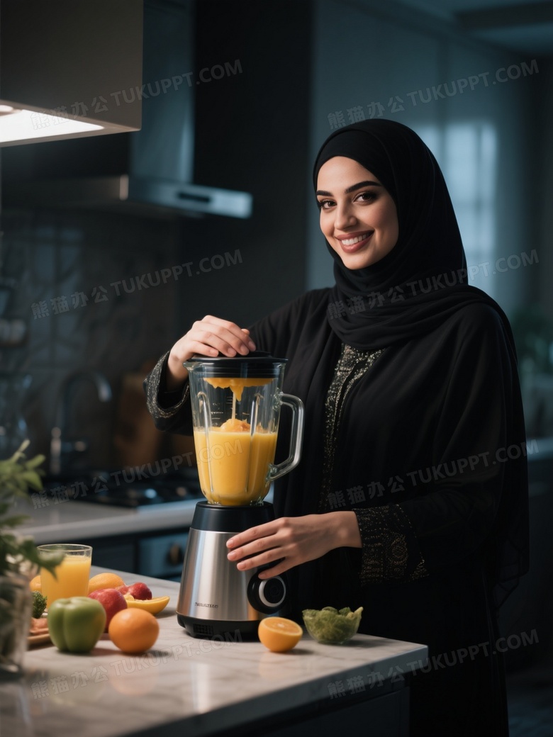 精致沙特美女在明亮的厨房