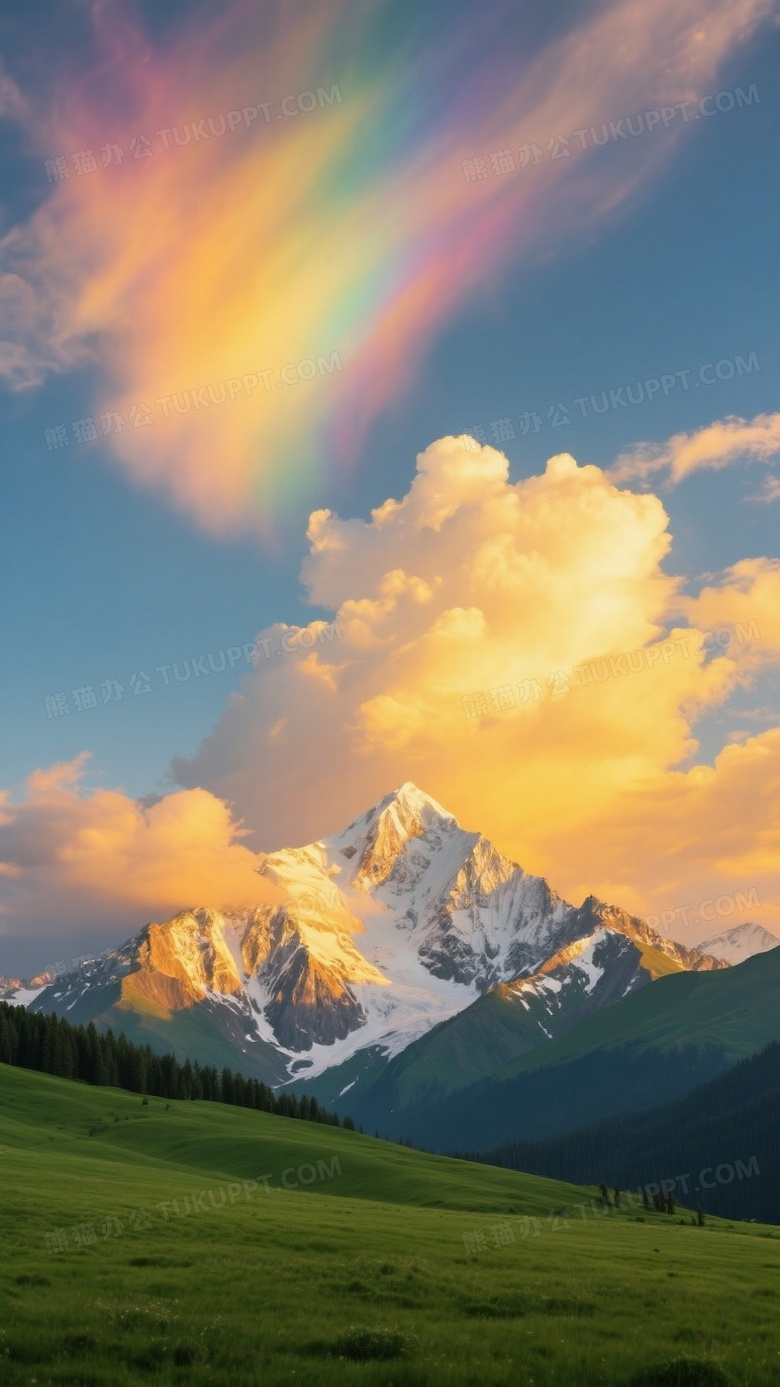 夕阳的金色光芒照耀在巍峨的雪山上
