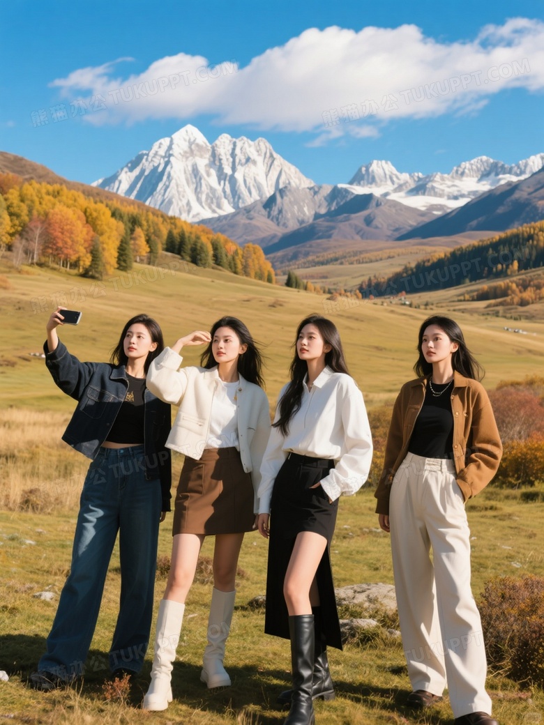 雪山草原几位位穿着时尚衣服的小姐姐