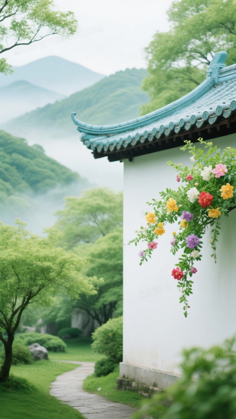 春天绿树成荫中式园林建筑