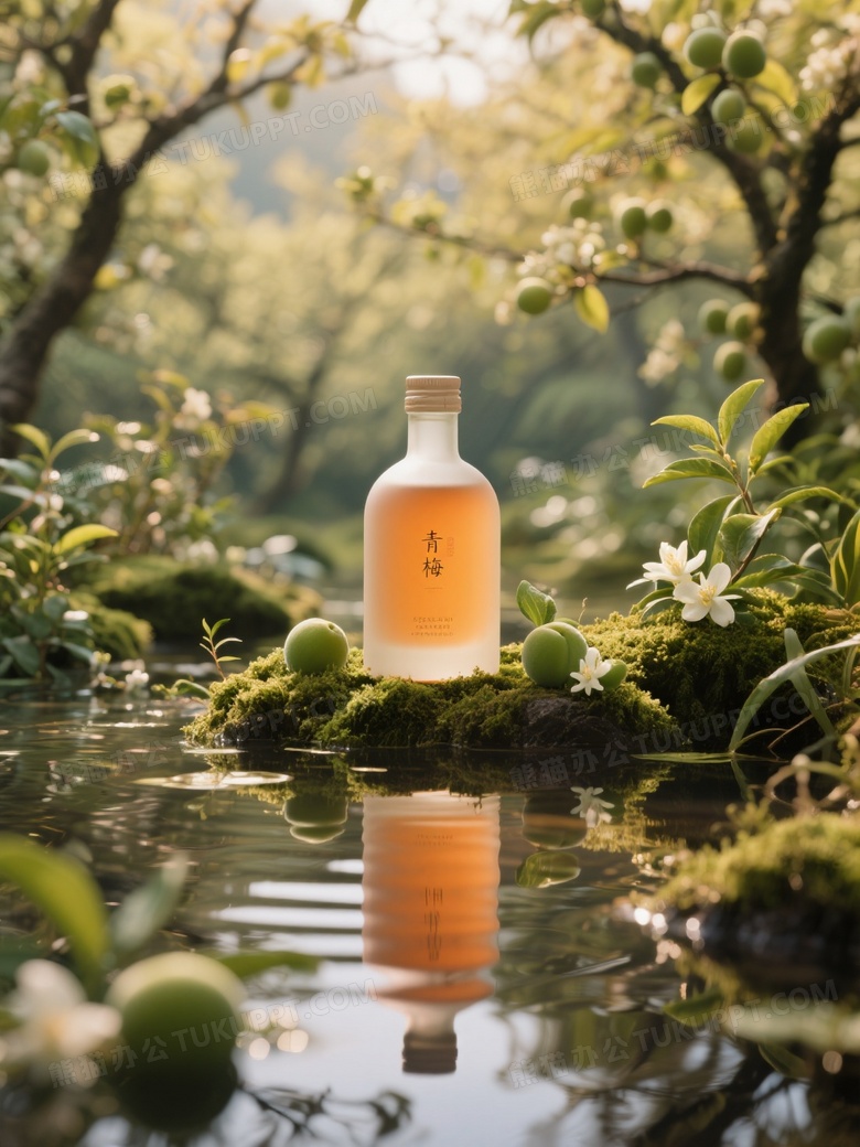 一瓶磨砂玻璃质感青梅酒放置在一片茂密的梅林中