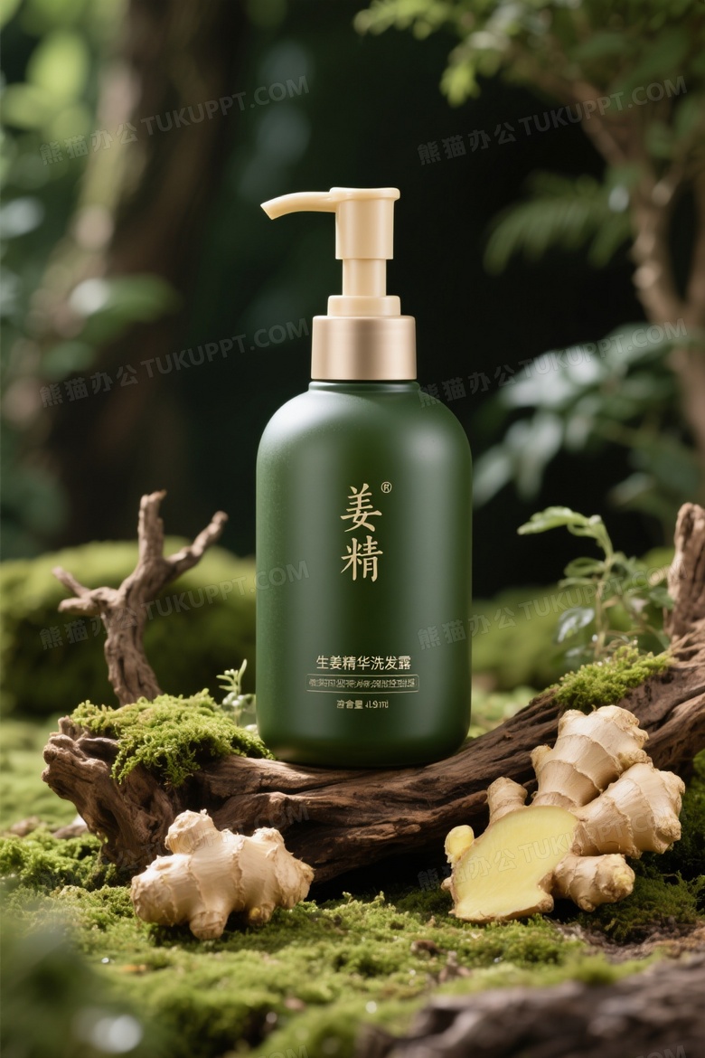 这是一款带有泵头的生姜洗发水宣传图
