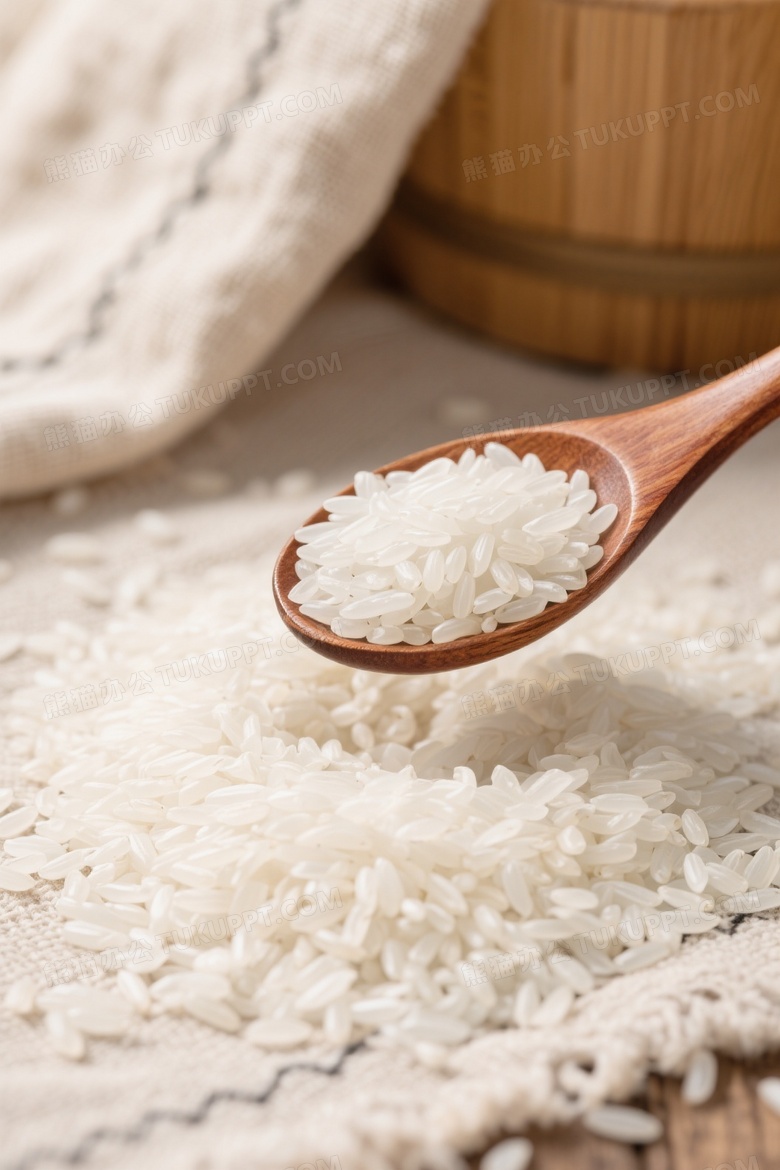 写实摄影风格一把木勺里盛着饱满晶莹的白米