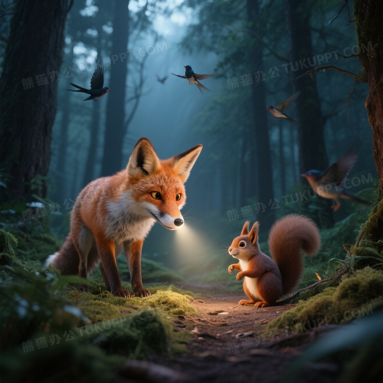在幽深的森林里一只聪明的狐狸遇到了迷路的小松鼠