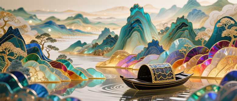 穆夏纸雕风格中国山水画