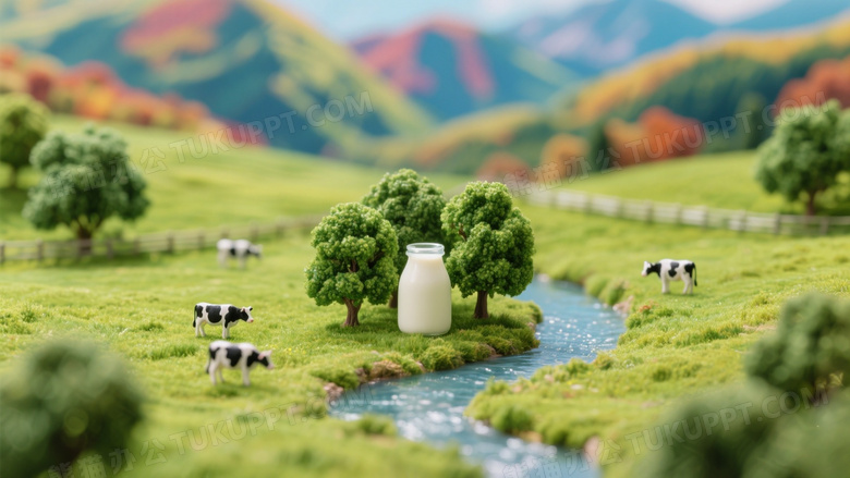 一个牛奶的微型场景翠绿色树环绕的河边