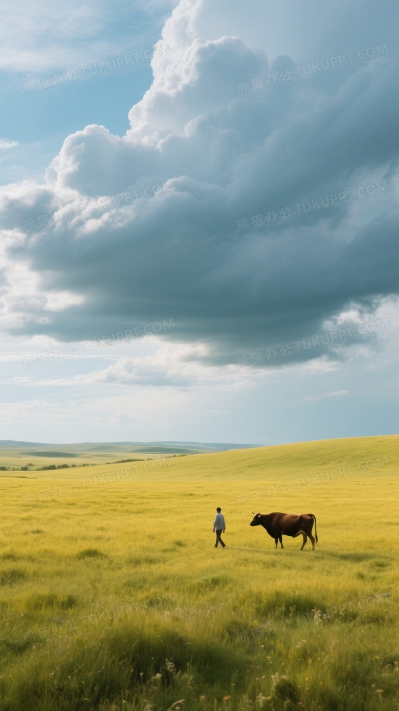 大面积广阔草地人物散步