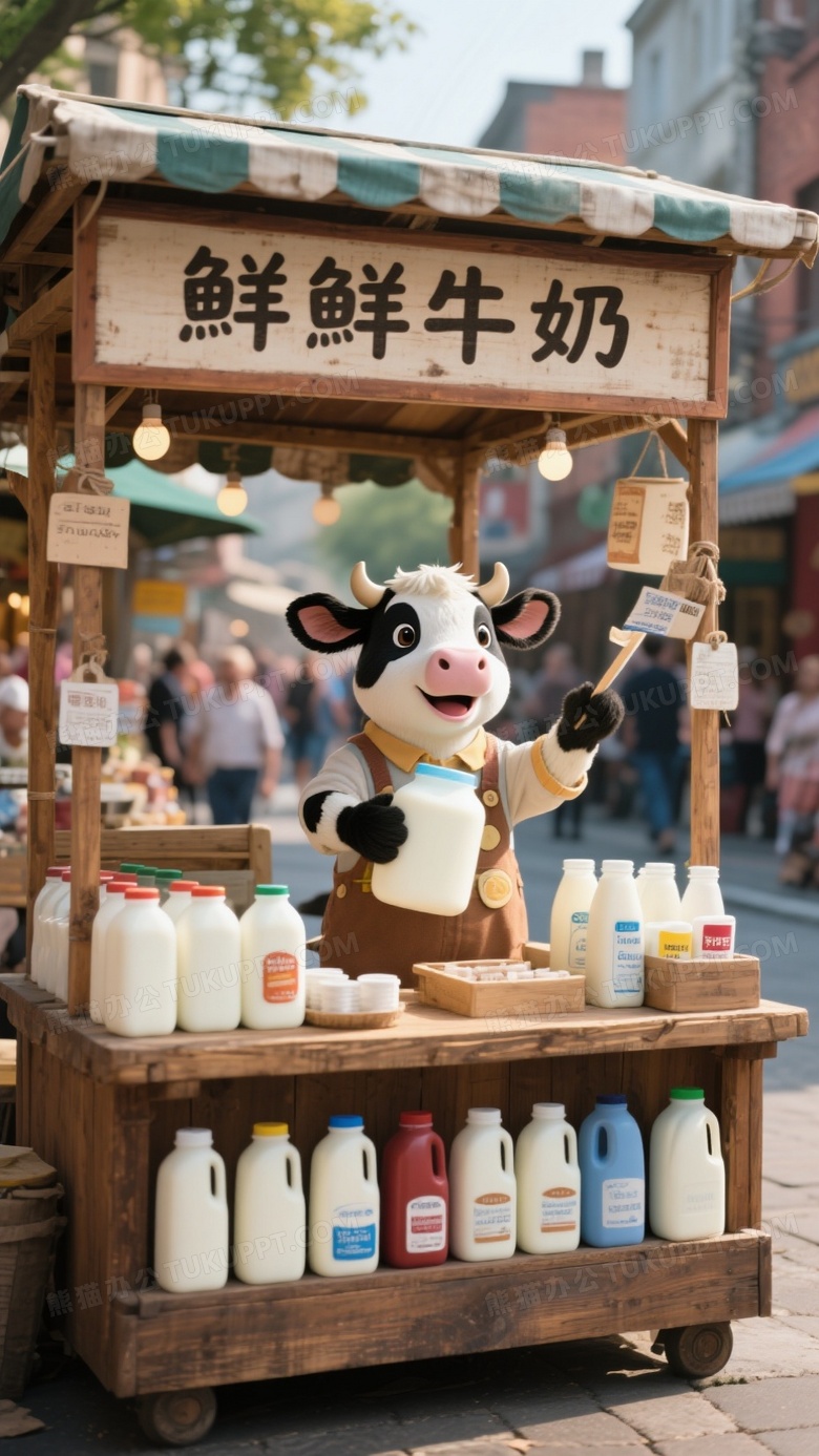 一只小奶牛摆摊卖牛奶