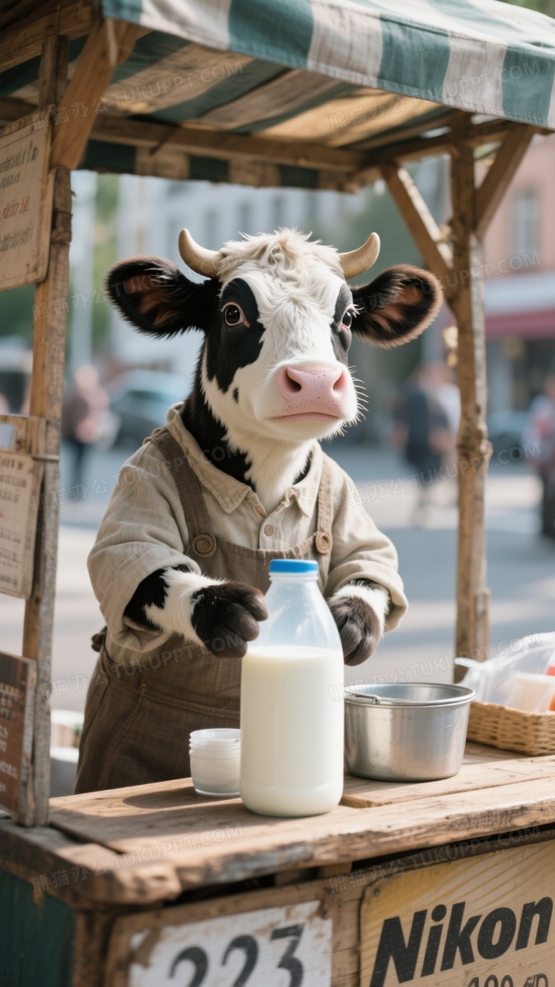 拟人化一只可爱的小奶牛穿着朴素的衣服在街边的摊位上卖牛奶