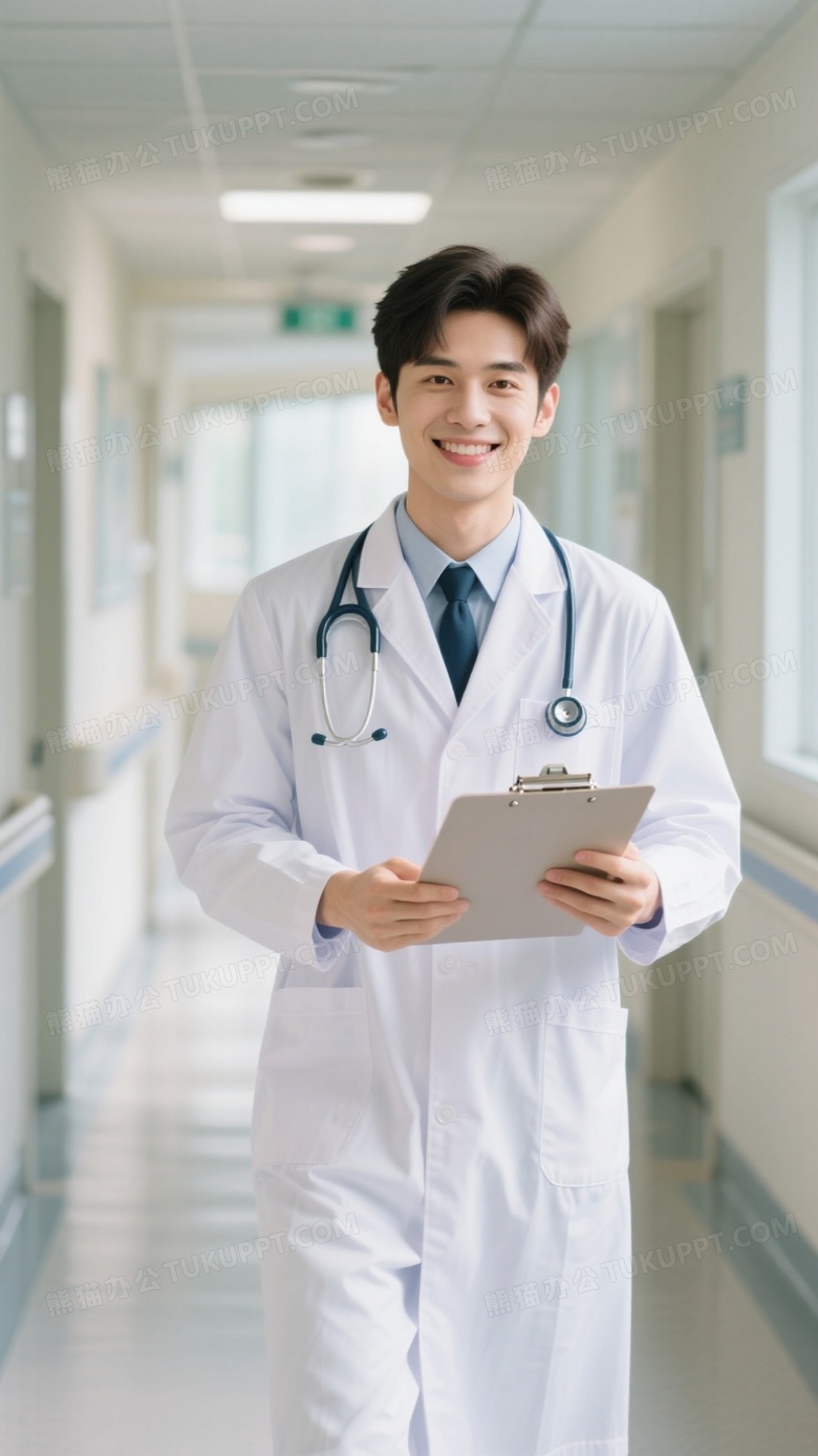 年轻男医生穿着白色医生制服