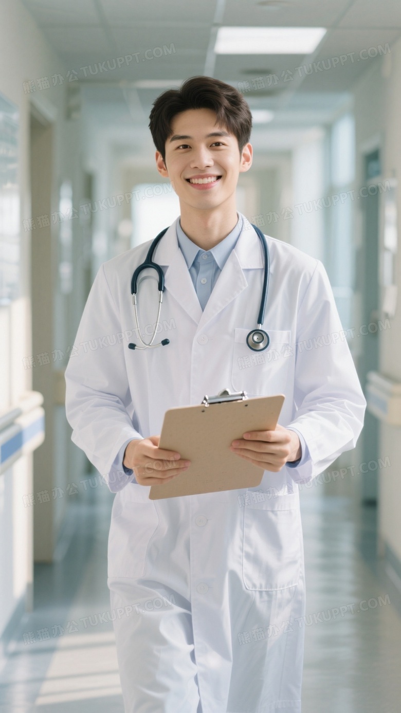 年轻男医生穿着白色医生制服
