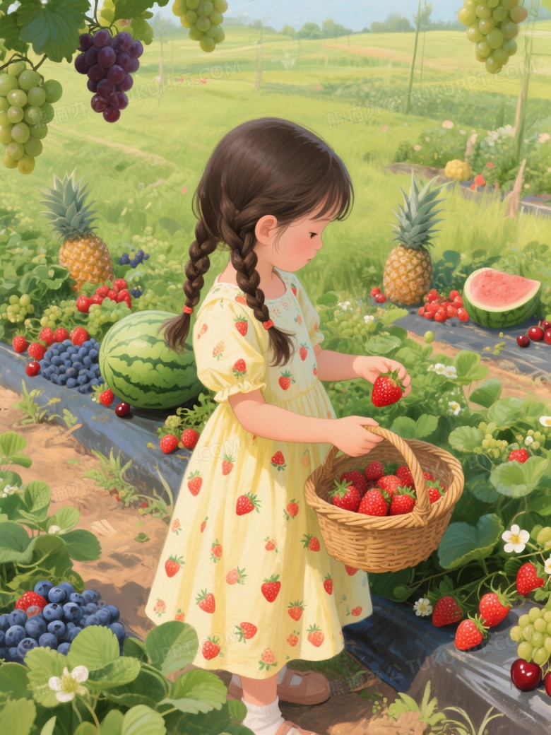 夏日农场采摘的小女孩插画