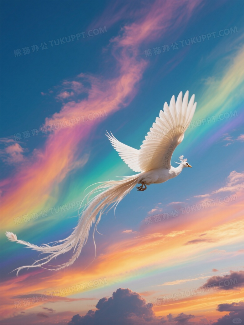 五彩云霞一只长尾巴白色的凤凰飞舞在天上