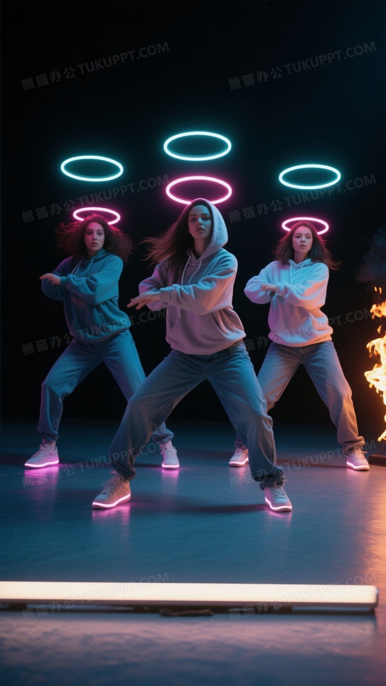 三位嘻哈风格的女舞者在运动中被捕捉