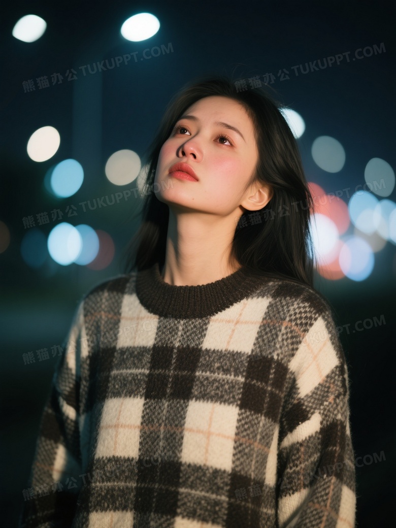 夜景大光圈灯光虚化一个身穿格子毛衣