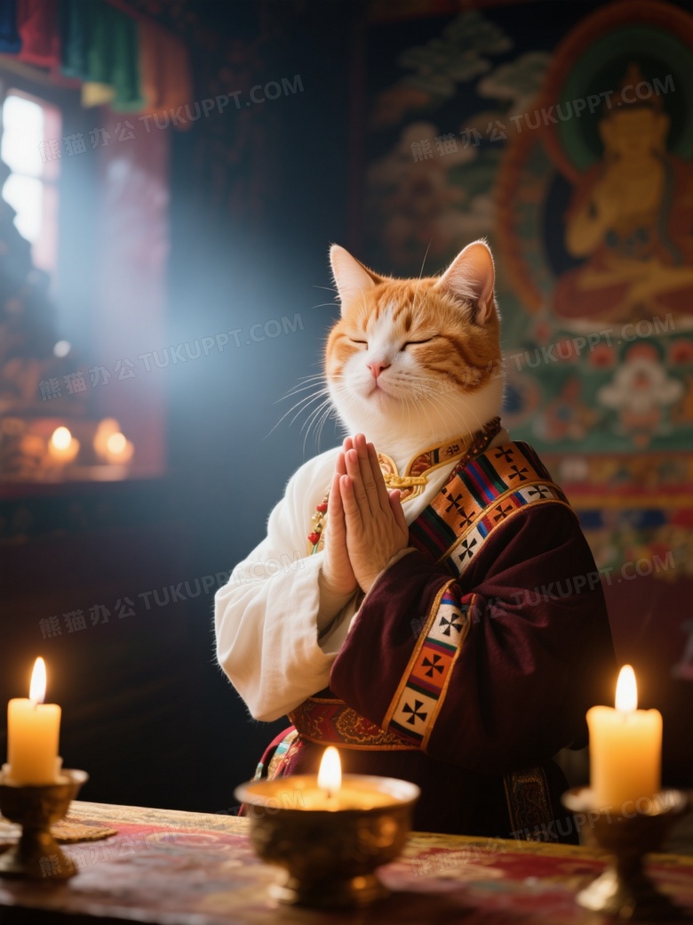 身穿藏族服饰的英短橘白猫