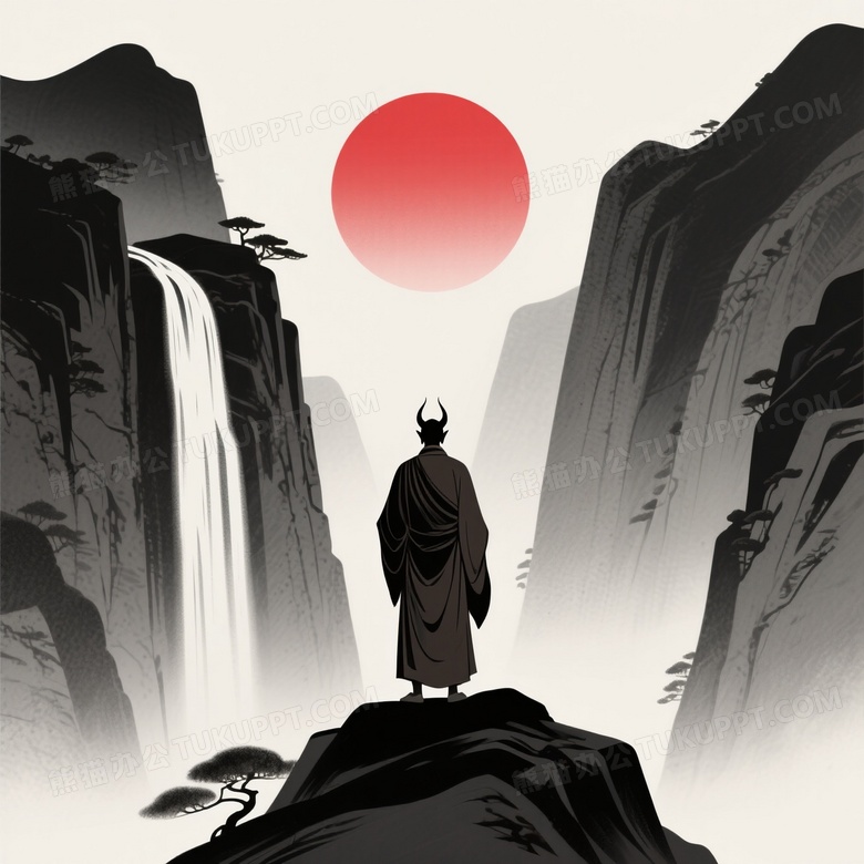 高山峭壁飞流千尺僧人站立背影是魔鬼