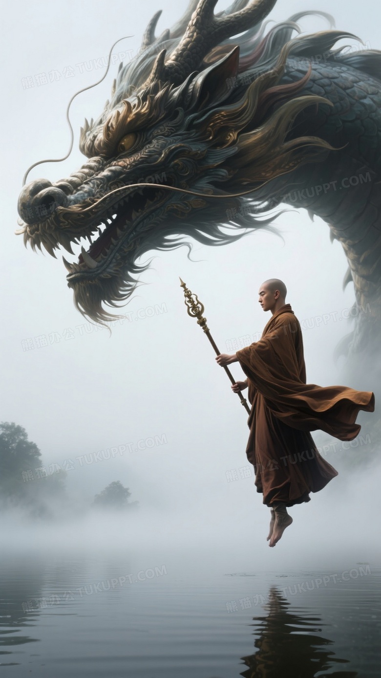 侧面巨大的龙头与一个穿袈裟的帅气的和尚相对凝视