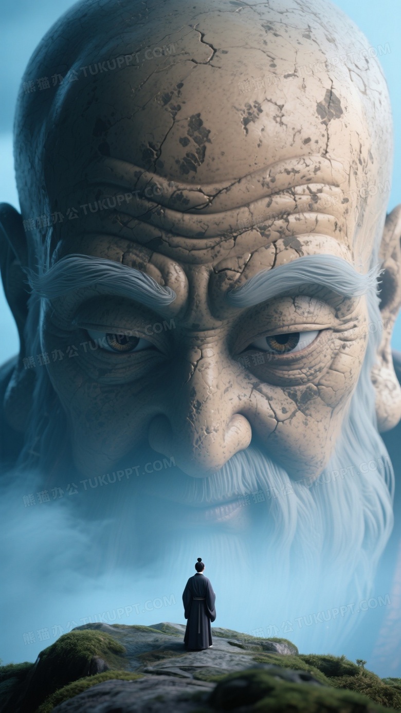 一个巨大的菩提祖师头正面俯视盯着细小的道士
