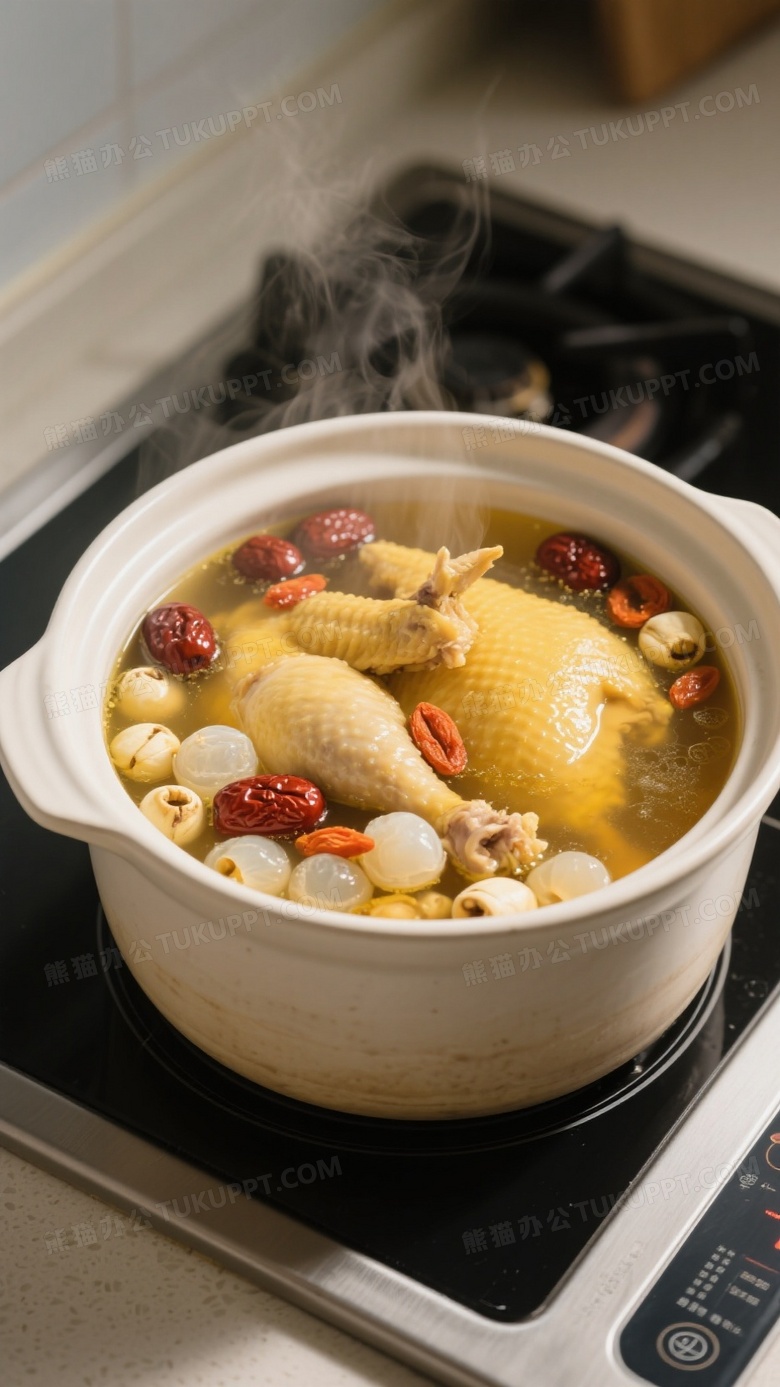 一锅冒热气的红枣桂圆莲子鸡汤