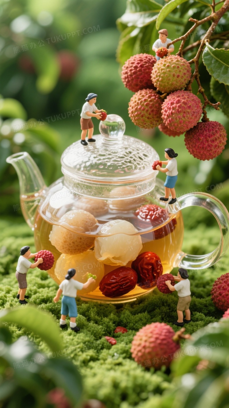 微观摄影俯瞰视角几个迷你小人在一片碧绿色的荔枝果园里