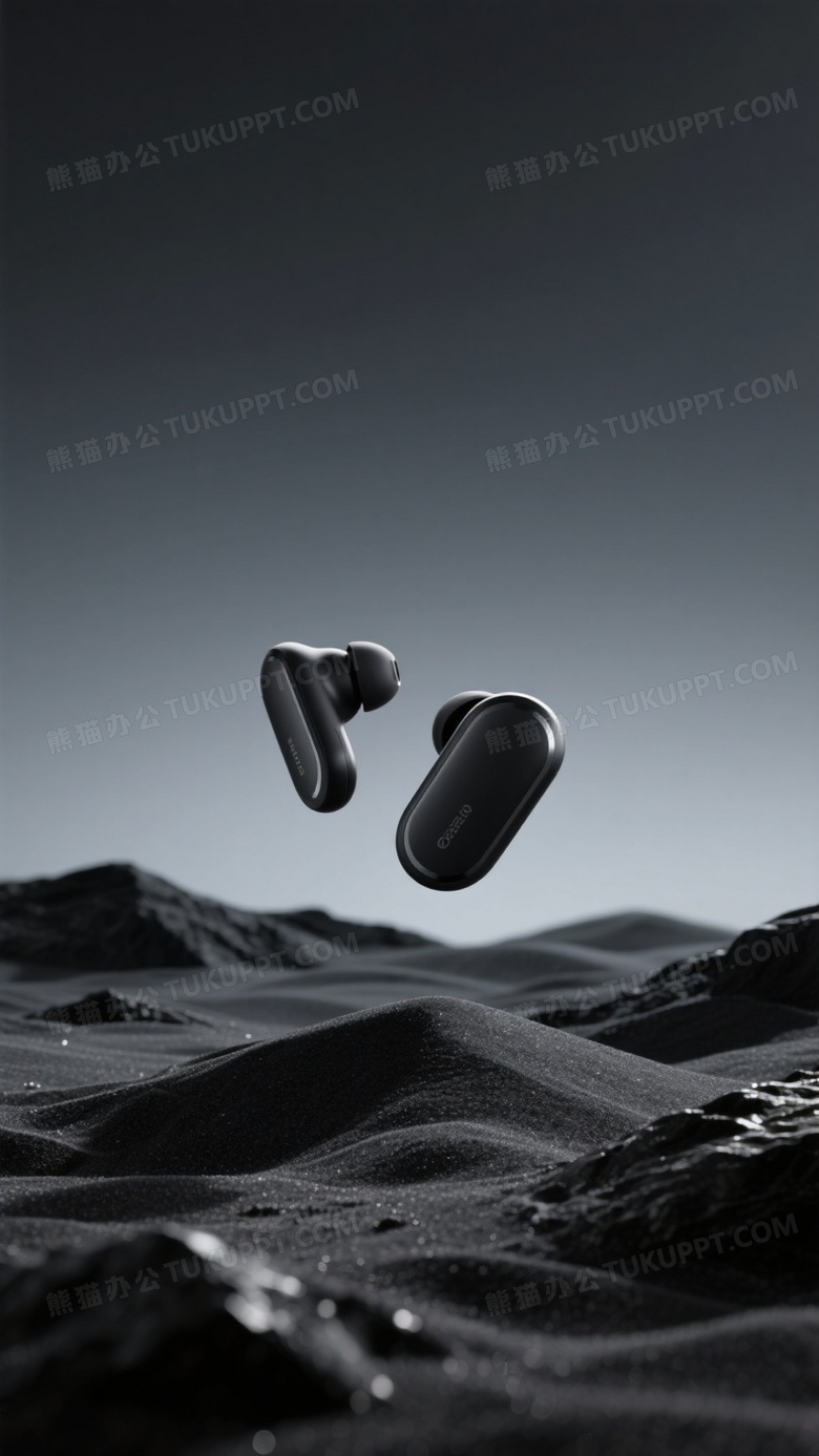 摄影漂浮在崎岖地形上的蓝牙耳机