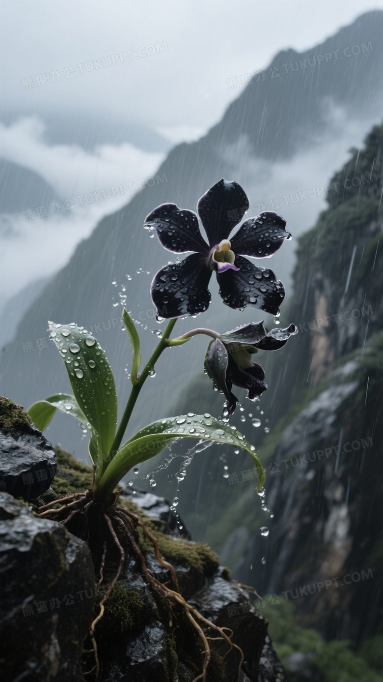 主题描述词墨兰花在暴雨中的高山峭壁旁剧烈摇曳