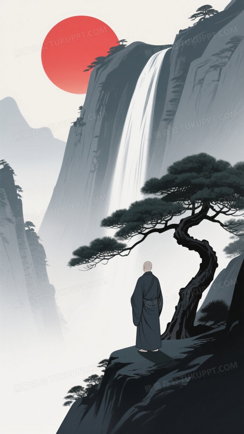 高山峭壁飞流千尺青松斜依