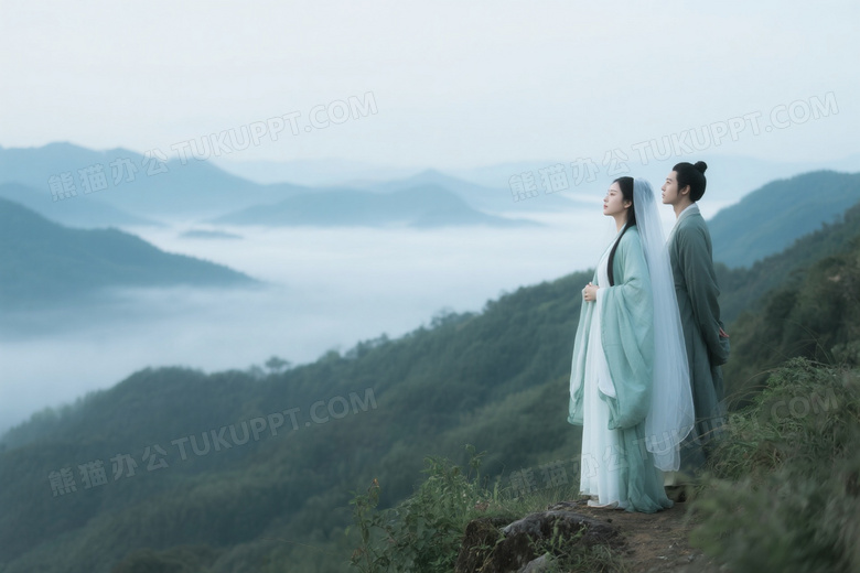 一位轻烟笼纱的美女站在山边眺望远方