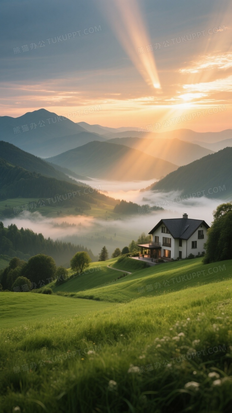 山景别墅青青草地远处山峦叠嶂