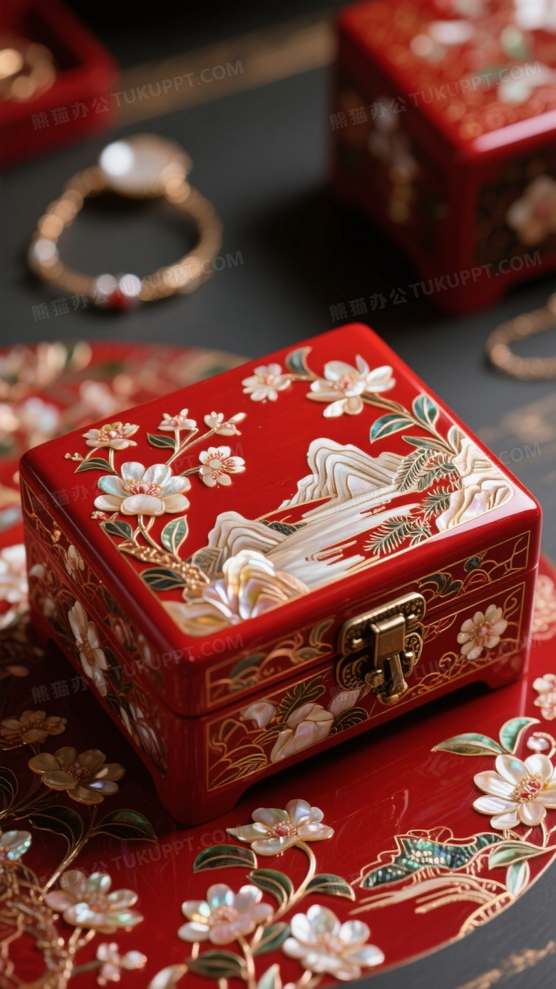 红色的螺钿贝壳漆器工艺品首饰盒