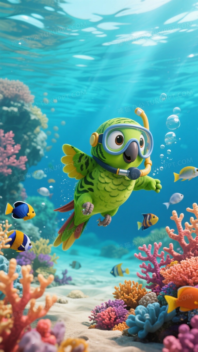 拟人绿色的虎皮鹦鹉戴着潜水镜