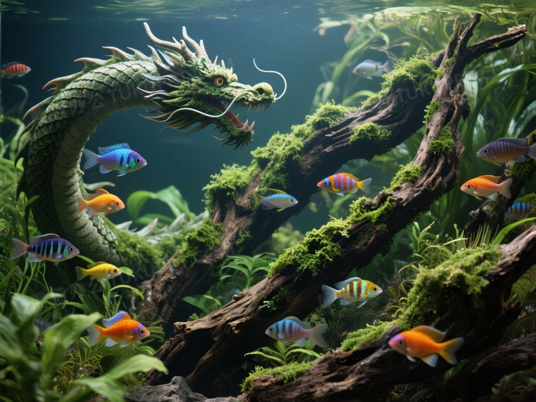 鱼缸造景沉木和水草交织成巨龙