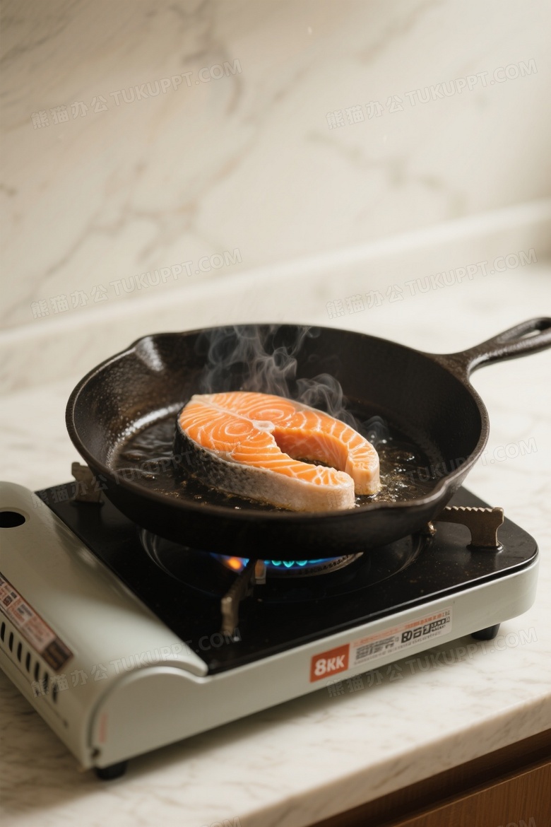 专业级美食摄影点着火卡式炉上放着一个铸铁锅正在煎一片厚切圆切三文鱼排