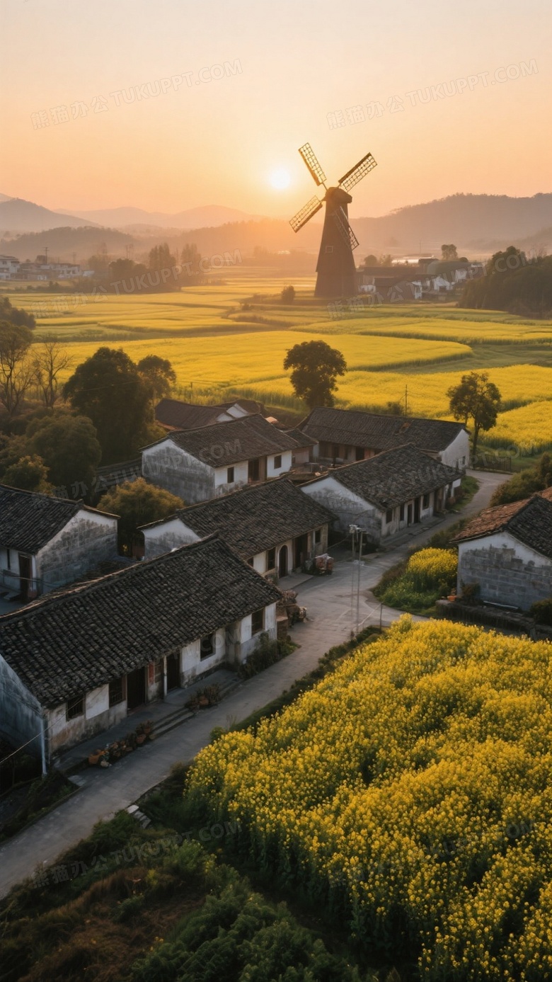 电影级调色航拍金色花田与青瓦村落