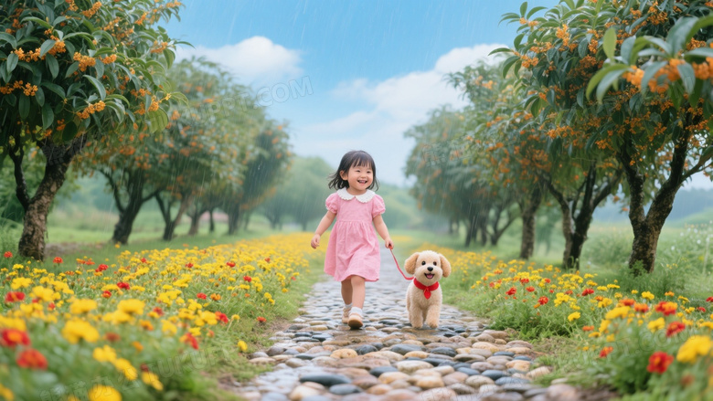 蓝蓝的天空雨后花色石子小路