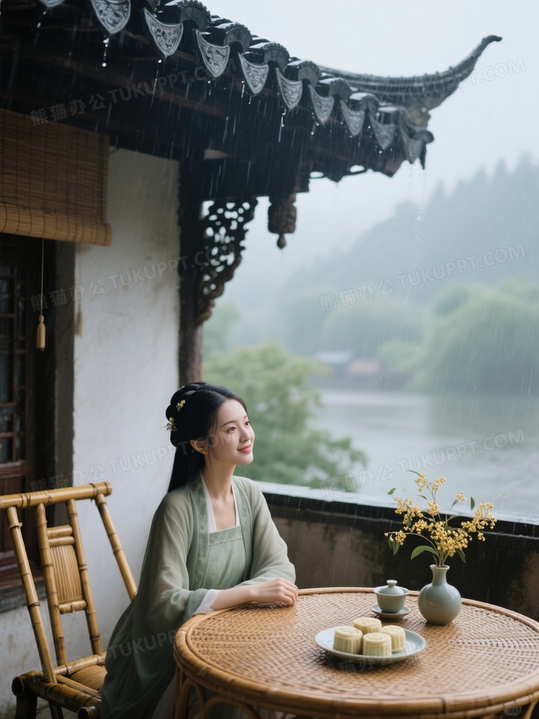 真实摄影屋角垂花藤制桌椅上面有一盘桂花糕